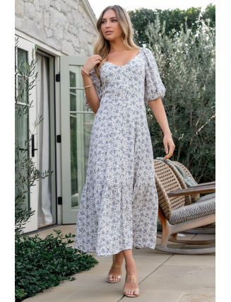Button Dress | Off White + Blue Floral